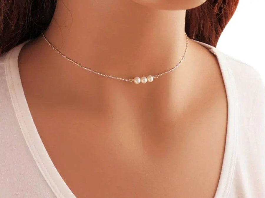 Metzakka Pearl Choker Necklace, Sterling Silver Jewelry Gift for Women